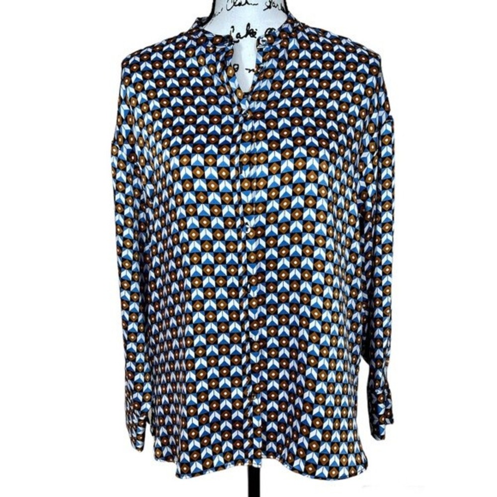 Zara blouse blue brown geometric  button down long sleeve top size M retro